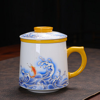 茶水分离陶瓷 茶杯三件套  蓝海浪