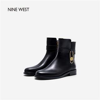 NINE WEST 玖熙 时装靴女秋冬新款金属装饰马衔扣低跟短靴女真皮靴