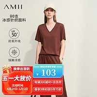 AMII2024夏基础款百搭V领防紫外线凉感短袖T恤女防晒12422069 深咖色 170/92A/XL