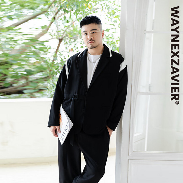 韦恩泽维尔 WAYNEXZAVIER大码西服外套男设计感宽松春春季拼接撞色休闲西装8502 黑色 2XL（160-210斤）