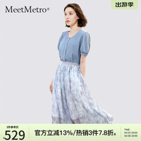 MeetMetro玛依尔2024夏设计感法式衬衫印花雪纺半身裙套装女 拼色(蓝色+印花) S