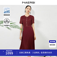 娜尔思（NAERSI）中国风红色连衣裙女2024夏装羅纱短袖百褶裙 艳玫红色 L