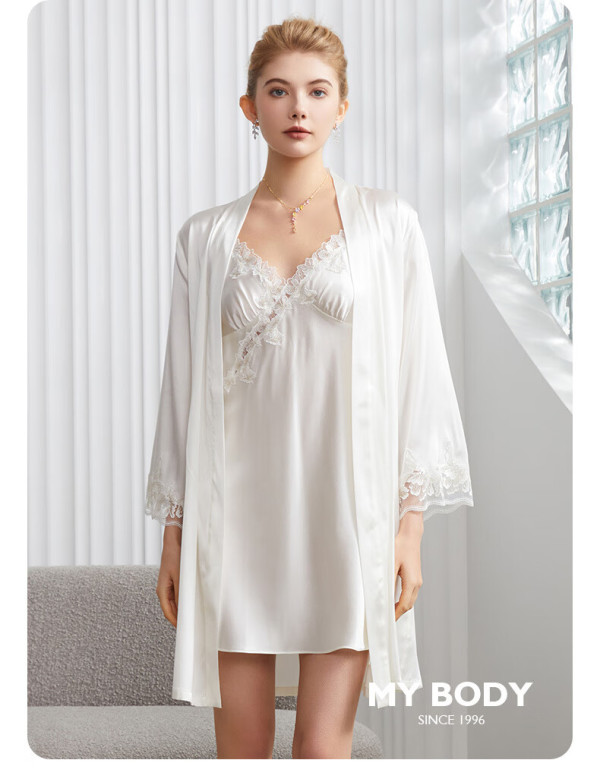 mybody睡衣女舒适亲肤睡衣性感蕾丝吊带裙睡袍2件套家居服 高级黑 m