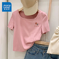 真维斯(JEANSWEST)短袖t恤女士夏季紧身方领短款上衣服女装休闲百搭显瘦半袖女 西瓜粉 一朵红花_K L