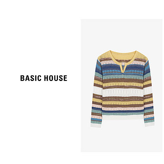 Basic House/百家好条纹撞色上衣女春夏款长袖针织衫-B0624B5G122 蓝色 M115-130斤（卡码拍大）