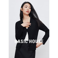 百家好(Basic House)绵羊毛V领亮丝针织衫2024春季设计感针织开衫B0624H5D552 黑色 S