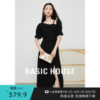 百家好（Basic House）泡泡袖开叉连衣裙夏季设计感收腰短袖小黑裙子 曜石黑 L