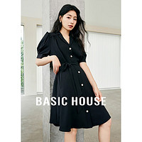 百家好（Basic House）气质西装翻领连衣裙夏收腰泡泡短袖小黑裙B0624H5X342 黑色 S