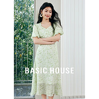 百家好（Basic House）夏季碎花V领收腰连衣裙法式泡泡袖雪纺中长裙B0624H5X462 绿色 S