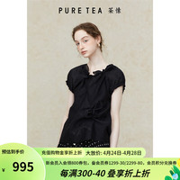 茶·愫【千金衣橱】puretea茶愫灵动少女感绑结衬衫女泡泡袖2024夏 石墨黑 M