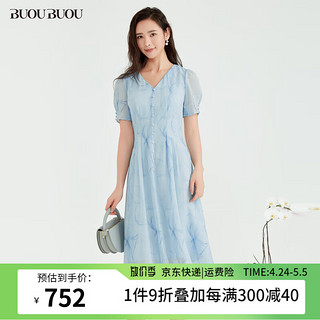 BUOUBUOU雪纺连衣裙女2024春夏法式优雅泡泡袖渐变水波纹印花 蓝色L56 XXL