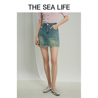 THE SEA LIFE欧海一生高腰牛仔半身裙女24夏季潮流复古水洗做旧流苏X15878 牛仔蓝 S