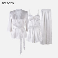 mybody睡衣吊带开衫短裤3件套青果领蝴蝶提花性感冰丝家居服 珍珠白 M