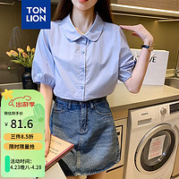 唐狮 TONLION女纯色翻领短袖衬衫WP 雾蓝 M