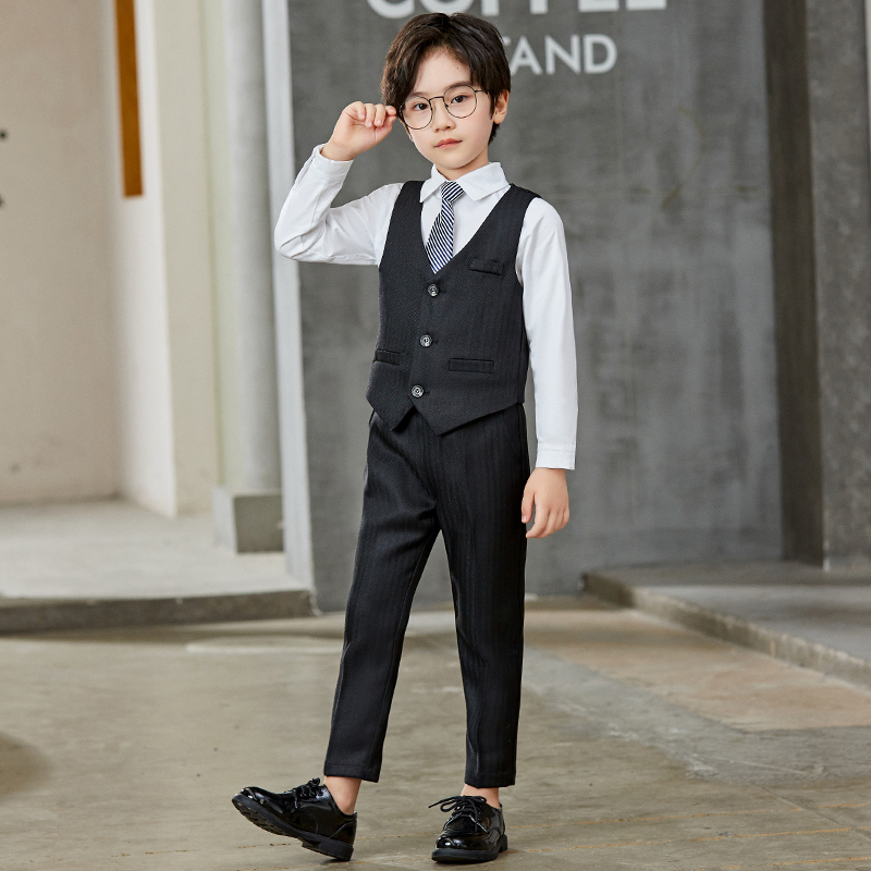 萝卜呗呗儿童西装男童礼服小主持人服装六一儿童节表演服演出服帅气王子服 黑条纹马甲+裤子+领带  90cm体重20-26斤