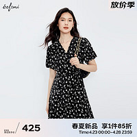 伊芙丽（eifini）伊芙丽V领围裹式收腰显瘦碎花连衣裙女2024夏装气质碎花裙 黑色 短款发 165/88A/L