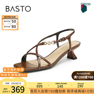 百思图（BASTO）24夏季时髦复古条带罗马细跟女凉鞋TT101BL4 啡色 35