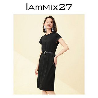 Iammix27夏季圆领连衣裙女个性包肩袖黑色醋纤高腰后开衩直筒裙女 黑色 S