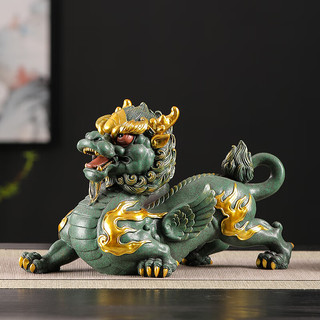 竹暄中式大号貔貅摆件一对招财客厅玄关办公室桌面家居装饰品开业 青砂石-彩金-飞天貔貅【一对】