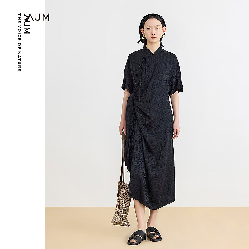 AUM【新中式连衣裙】噢姆24夏季黑色中式斜门襟提花连衣裙女 黑色 M