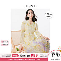 JESSIE【桑蚕丝】木耳边V领印花连衣裙女2024夏 黄色 XL