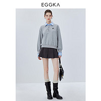 EGGKA polo领假两件拼接卫衣女春秋韩版百搭通勤宽松灰色套头上衣 灰色 M