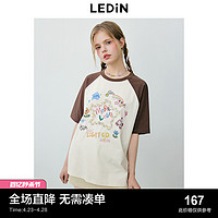 LEDIN 乐町 元气多巴胺插肩袖撞色短袖2024夏季新款涂鸦设计印花宽松T恤