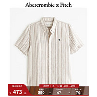 ABERCROMBIE & FITCH男装 24春夏休闲百搭小麋鹿亚麻衬衫 356265-2 浅棕色条纹 XS (170/84A)