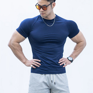 GEKM运动弹力圆领男修身显肌肉运动户外时尚健美短袖 深灰色 L【120-140斤】