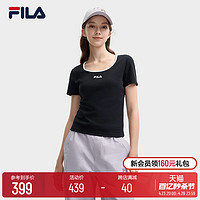 FILA 斐乐 官方女子针织短袖衫2024夏新款时尚休闲简约U领修身T恤