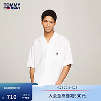 TOMMY JEANS 24春季男装纯棉撞色签字体刺绣复古合身短袖衬衫19139 白色YBR L