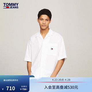 TOMMY JEANS 24春季男装纯棉撞色签字体刺绣复古合身短袖衬衫19139 白色YBR L