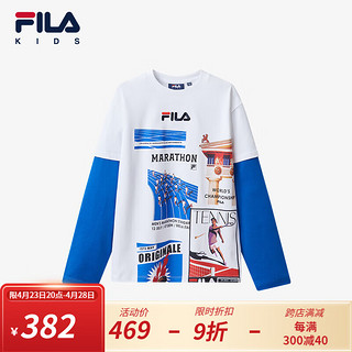 FILA 斐乐 童装儿童休闲舒适上衣2024夏季中大童T恤男童长袖潮 标准白-WT 140cm