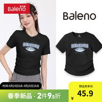 班尼路白色短袖t恤女2024夏季美式复古修身短款上衣女装 黑-绚丽山脉 XL