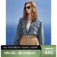 唐可娜儿2024春夏女复古微廓形泡泡袖长袖水洗牛仔衬衫女装 中牛仔蓝 S(155/80A)