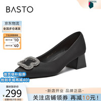 百思图24春时尚闪钻粗跟方头浅口女单鞋一脚蹬EA113AQ4 黑色 40