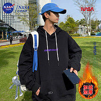 NASA GOOD 连帽加绒卫衣男保暖加厚美式宽松LOGO印花上衣男装 黑色 M