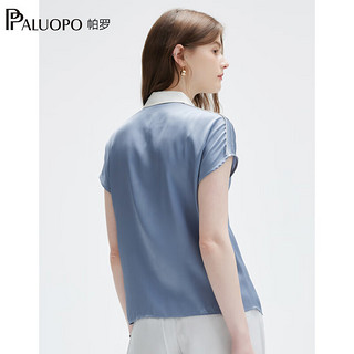帕罗（PALUOPO）短袖拼接真丝衬衫女士24春夏格雷桑蚕丝优雅纯色透气衬衣上装 灰蓝 XXL(175/96A)