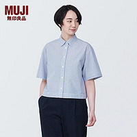 无印良品（MUJI）女式 凉感平纹衬衫领短袖衬衫 女士衬衣外套格子短款开衫纯棉 蓝色格纹 M (160/84A)