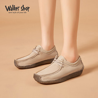 Walker Shop 奥卡索 女鞋平底孕妇单鞋磨砂牛皮蜗牛鞋舒适妈妈休闲豆豆鞋 M012001 米白色 36码