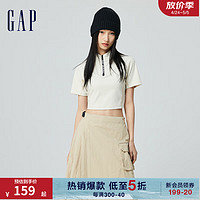 Gap女装2024夏季弹力半拉链logo小立领短款短袖T恤上衣876152 米白色 165/84A(M) 亚洲尺码