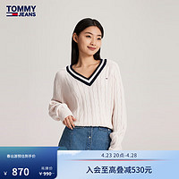 TOMMY JEANS 24早春女装复古绞花拼色V领宽松针织衫毛衣DW0DW17498 米白色YBH L