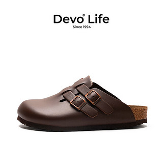 Devo Life的沃软木拖鞋女包头时尚复古文艺鞋半包亮面女士拖鞋22003 深棕亮面牛皮 36