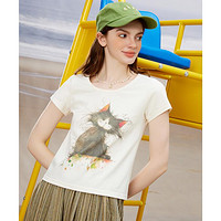 a02 可爱猫咪印花修身显瘦女式T恤2024夏季休闲小清新短袖上衣