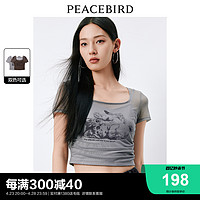 PEACEBIRD 太平鸟 小猫印花网纱T恤女短袖2024新款透气U领修身短款辣妹小上衣