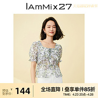 Iammix27 方领套头雪纺衫女小个子短款甜美可爱薄款碎花上衣女短袖