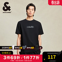 杰克·琼斯（JACK&JONES）夏季潮百搭链条绣字母复古图案纯棉直筒短袖T恤男224201112 E40 黑色 常规 E40 黑色 195/112A/XXXL