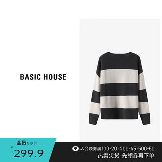 百家好（Basic House）绵羊毛v领毛衣女秋冬慵懒宽松撞色条纹毛衣B0623H5K612 米驼 F80-140斤