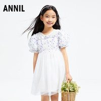 安奈儿童装女童短袖连衣裙2024夏网纱公主裙子 白紫花 140cm