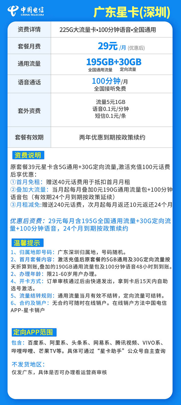 CHINA TELECOM 中国电信 深圳电信卡 2年29元月租（195G全国流量+30G定向流量+100分钟通话+只发广东）